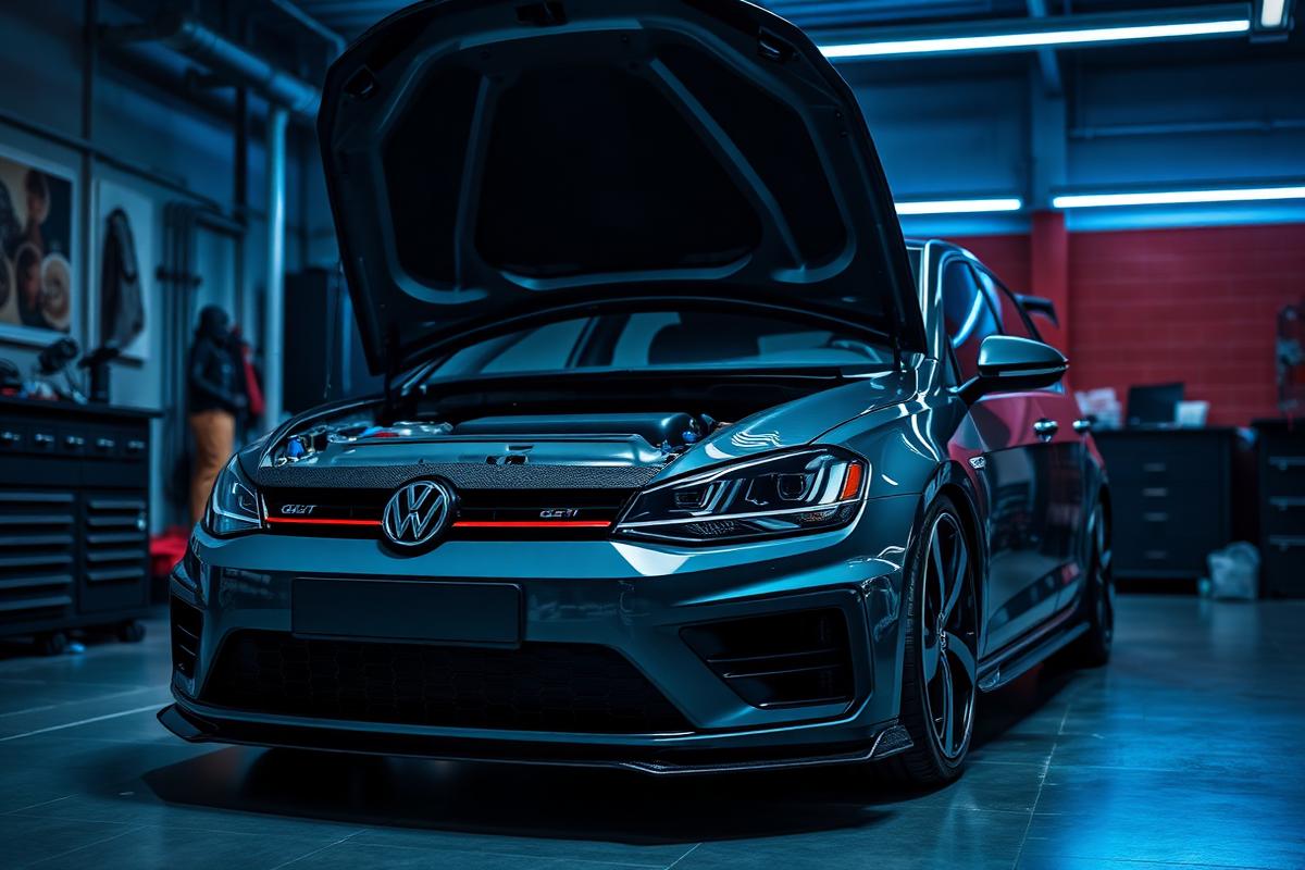 VW Golf GTI in workshop with carbon hood open during Stage 1 remap