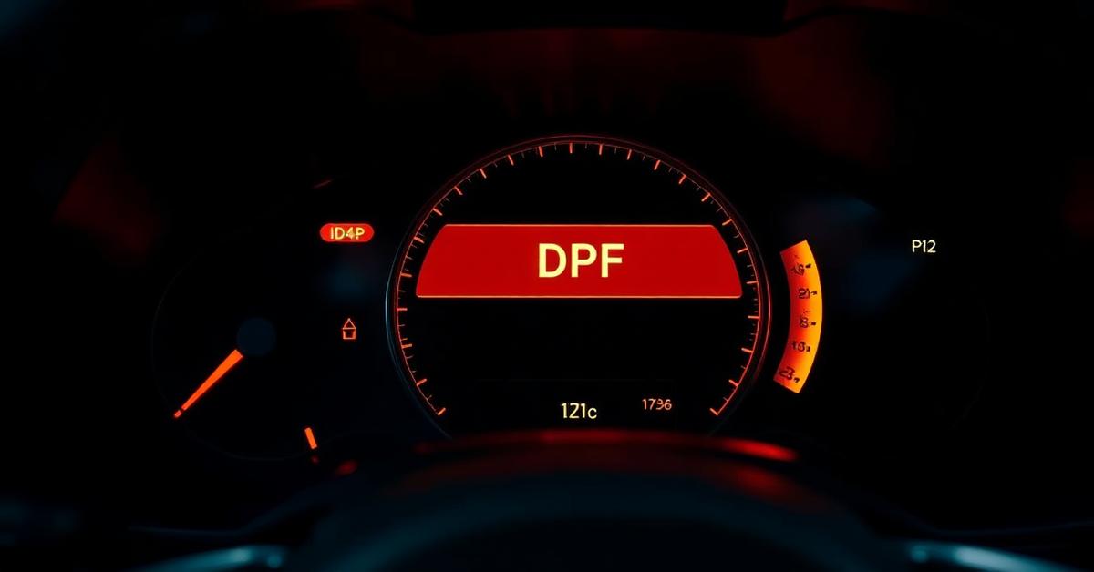 Car dashboard showing an illuminated DPF warning light